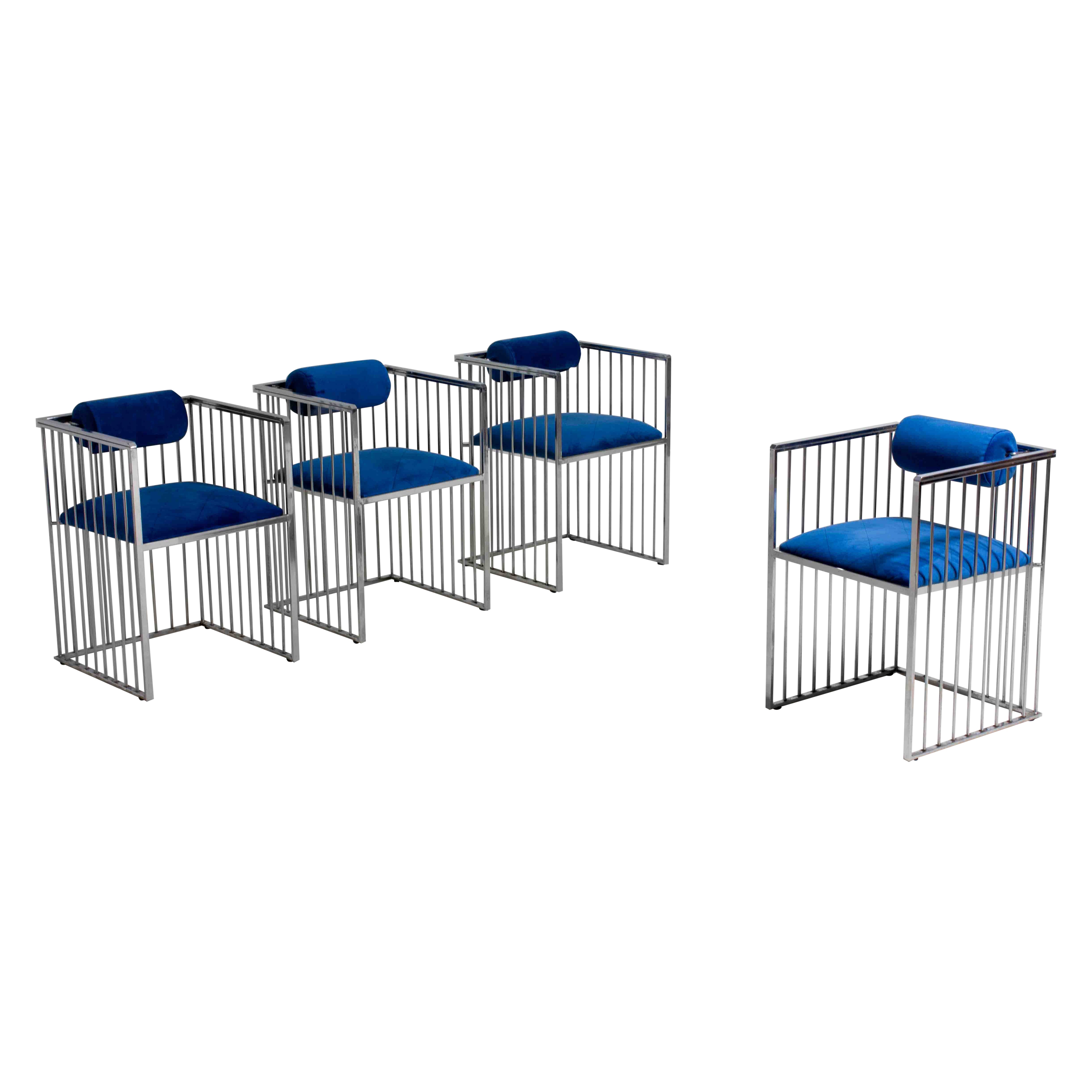 Set of four Italian modernist chrome chairs with royal blue velvet, 1970s For Sale