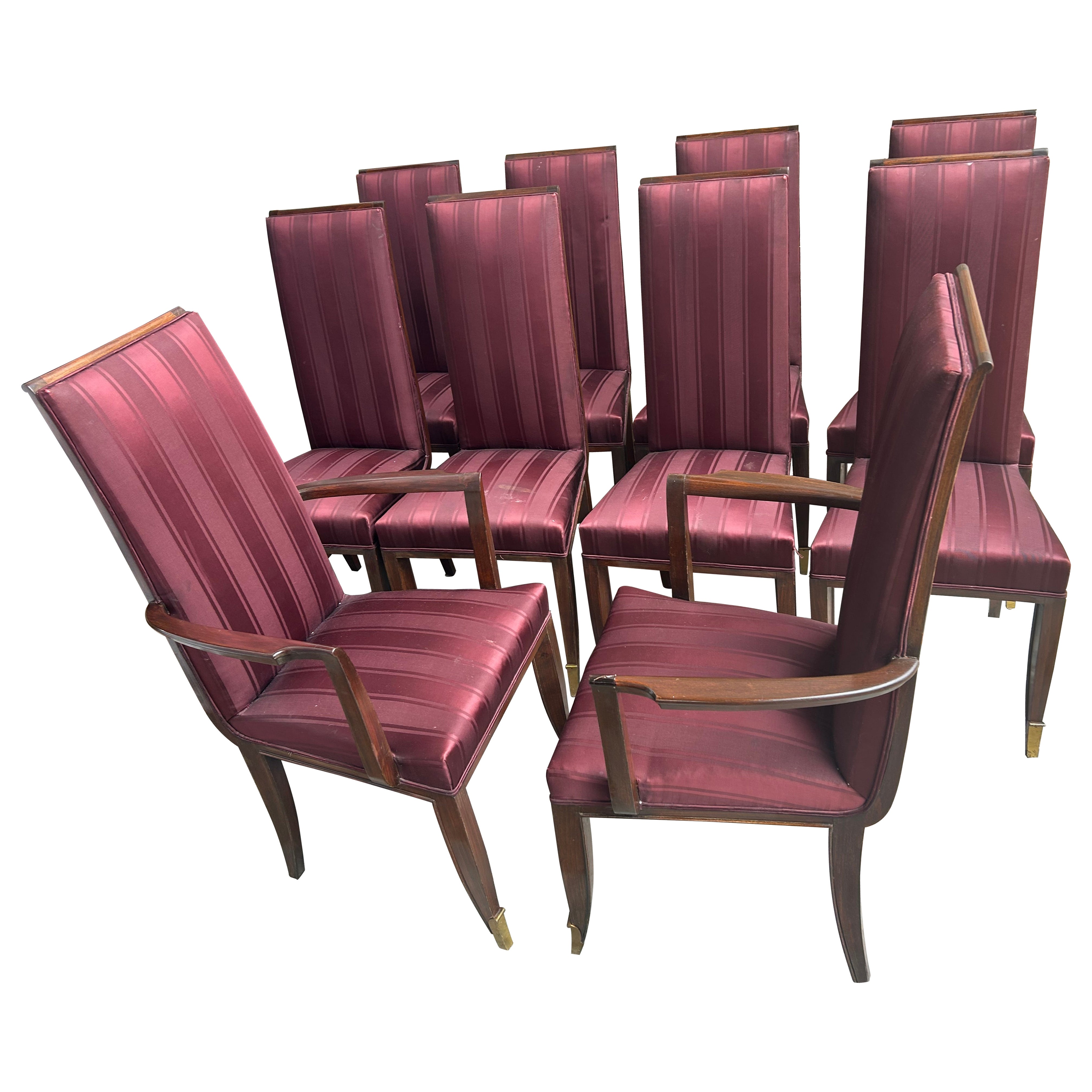 Stunning Set 10 Jean Pascaud French Mahogany Upholstered Chairs Bronze Sabots For Sale
