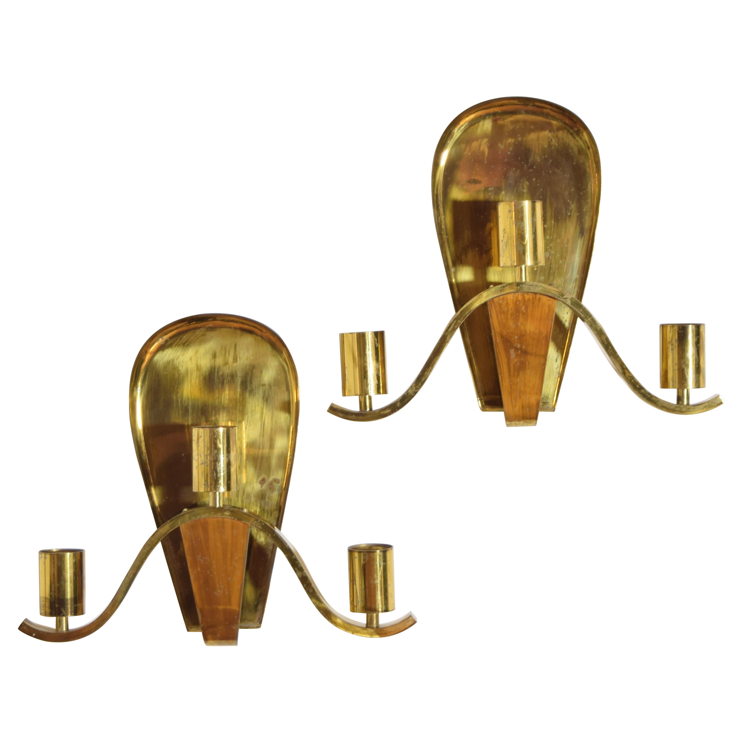 German Pair of Large 3-Light Brass Sconces, Mid-20th Century