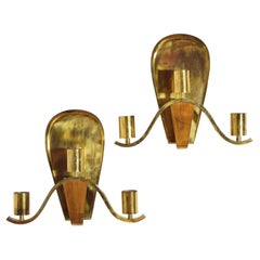 German Pair of Large 3-Light Brass Sconces, Mid-20th Century