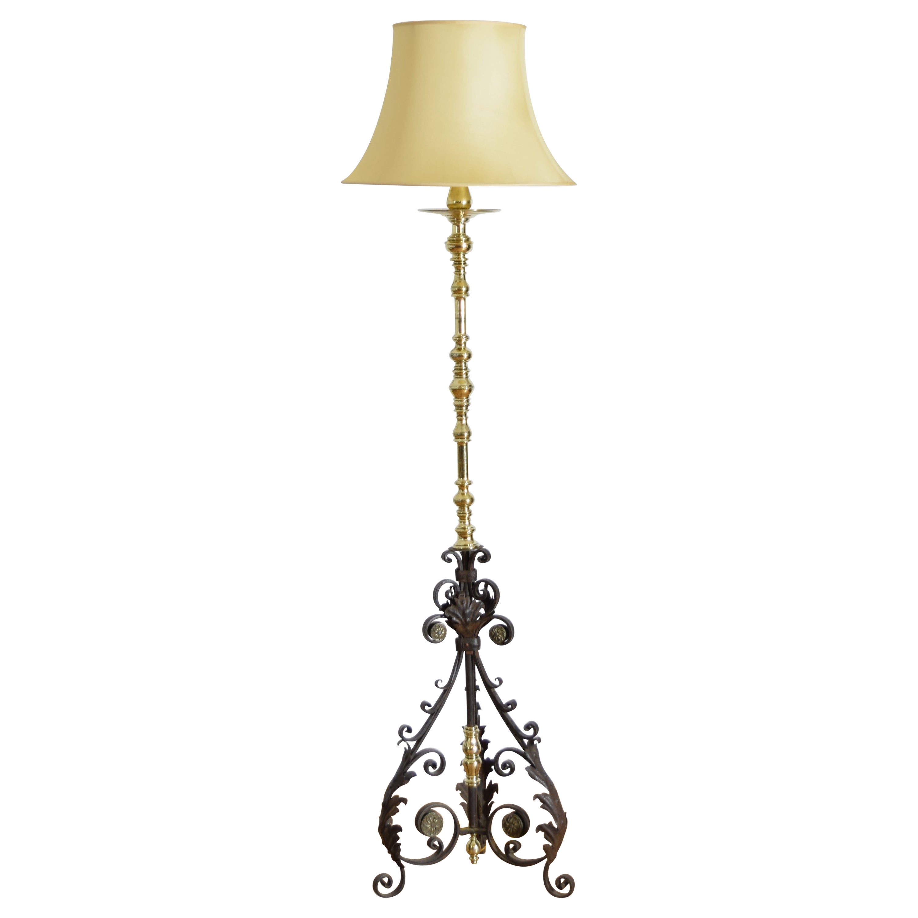 Exceptional Italian Baroque Style Wrought Iron & Brass Floor Lamp, mid 19th cen.