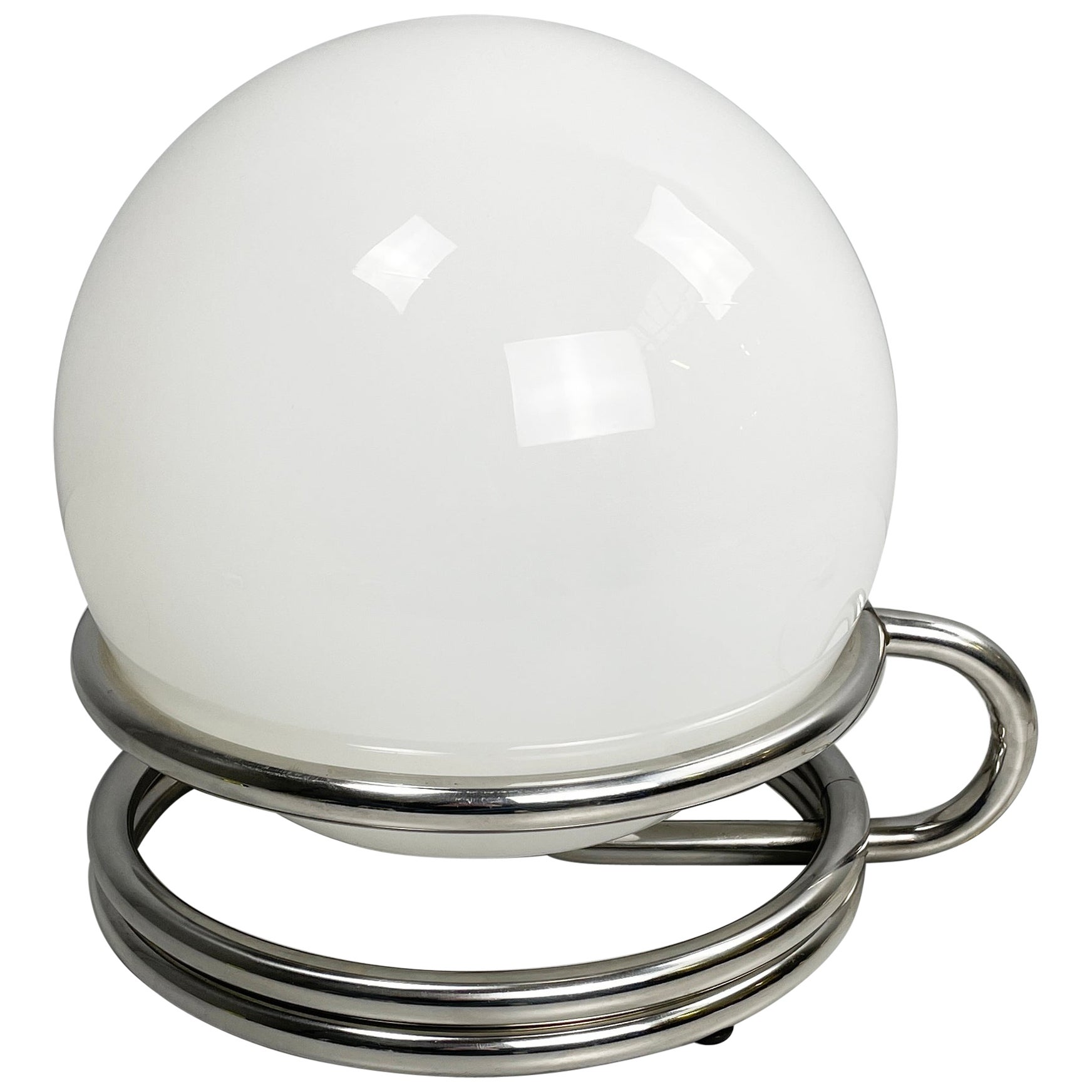 Italian space age table lamp in opaline glass and steel, 1970s