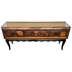 1950s Art Deco Mid-Century Regency Italian Burl and Brass Low Consolle Sideetable