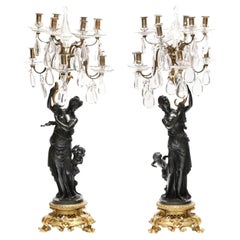 Impressive Pair of French Figural Bronze and Crystal 10 Light Candelabras