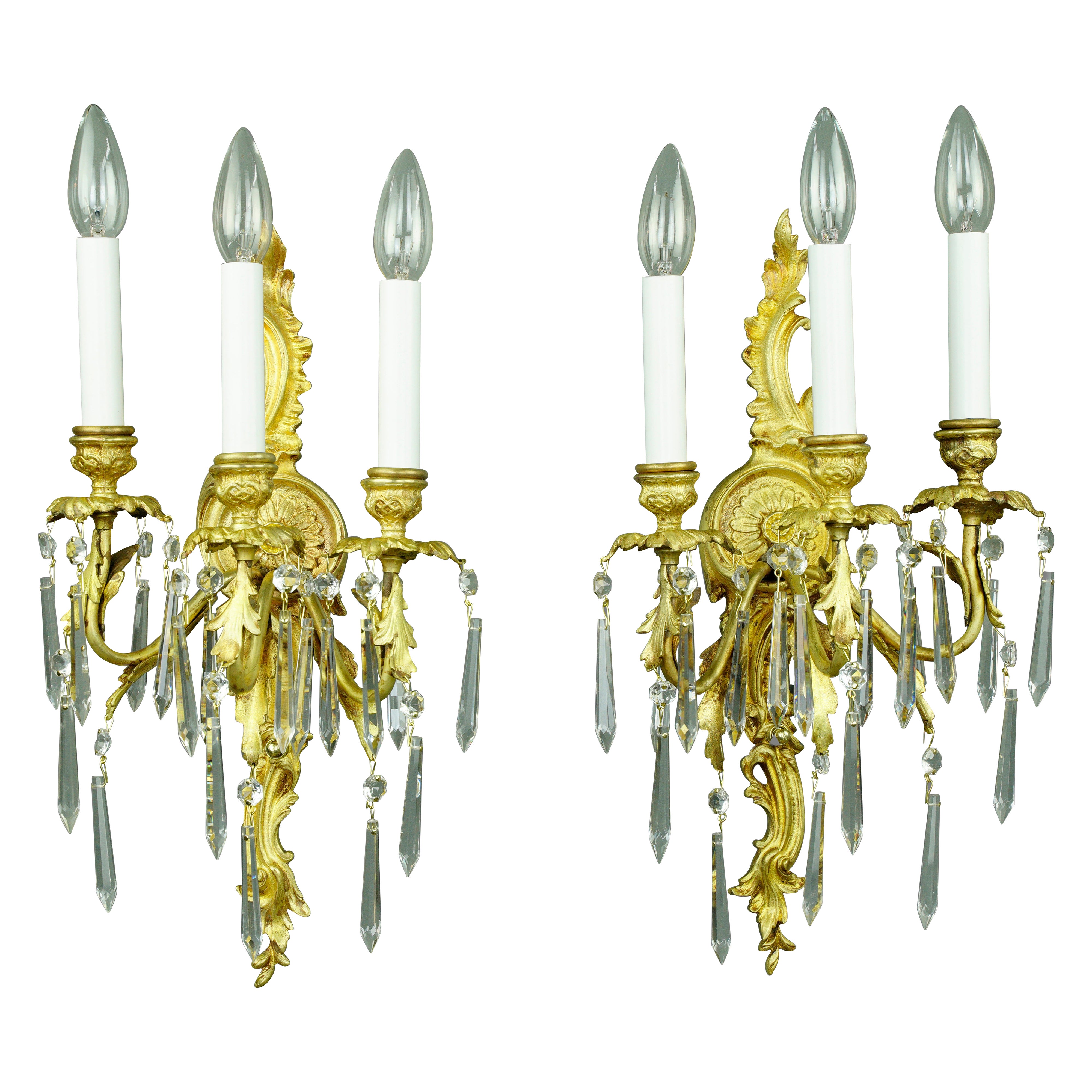 Pair French Gold Gilded Bronze Crystal Wall Sconces