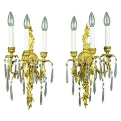 Pair French Gold Gilded Bronze Crystal Wall Sconces