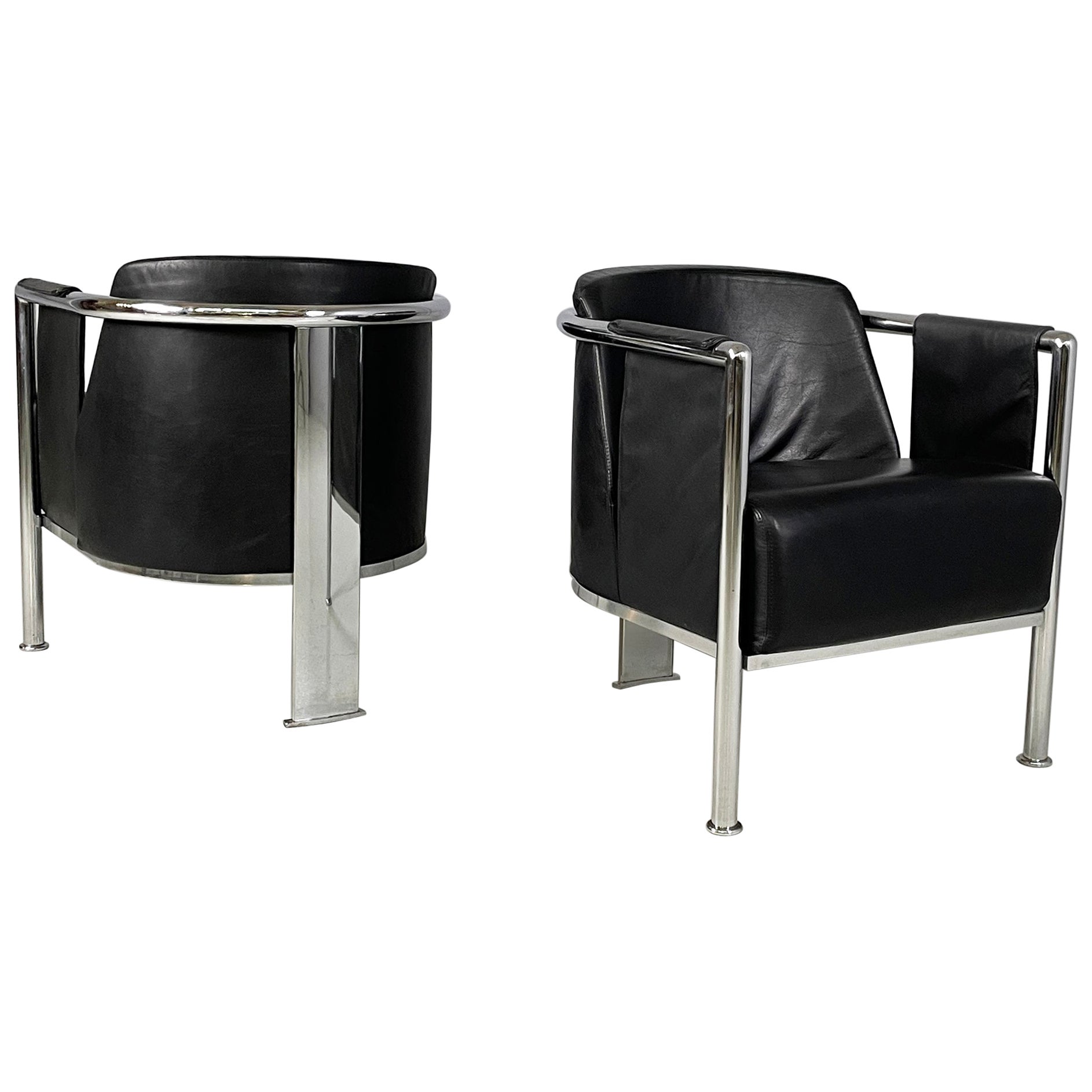 Italian modern black leather and steel armchairs, 1980s