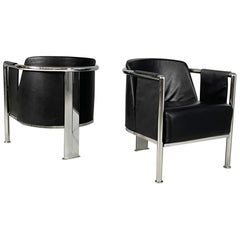 Italian modern black leather and steel armchairs, 1980s