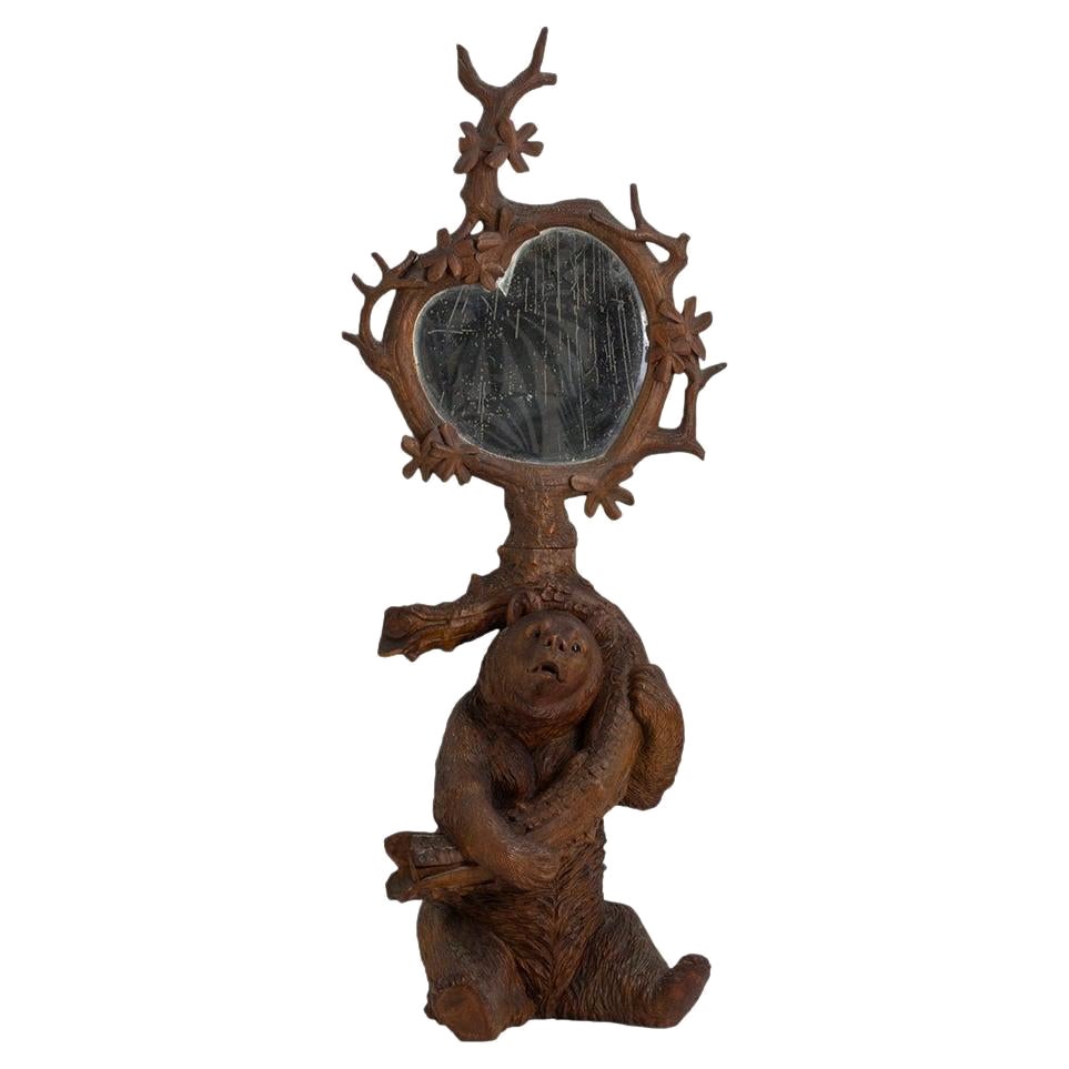 Swiss Black Forest Bear Hand Carved Table Mirror