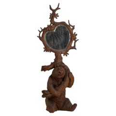 Antique Swiss Black Forest Bear Hand Carved Table Mirror