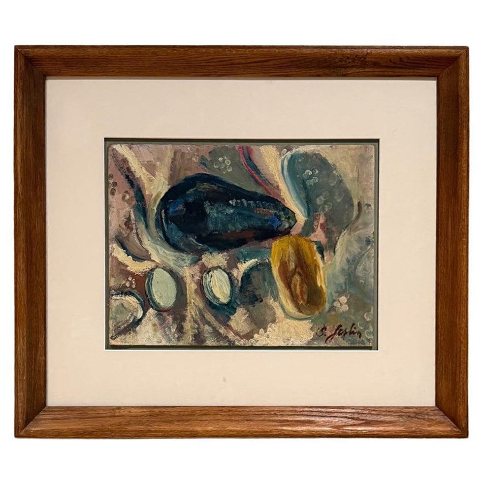 1960s Abstract Art Eggplant Still Life Oil Painting signed