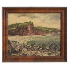 Peinture de plage côtière de style impressionniste dans un cadre en placage de noyer