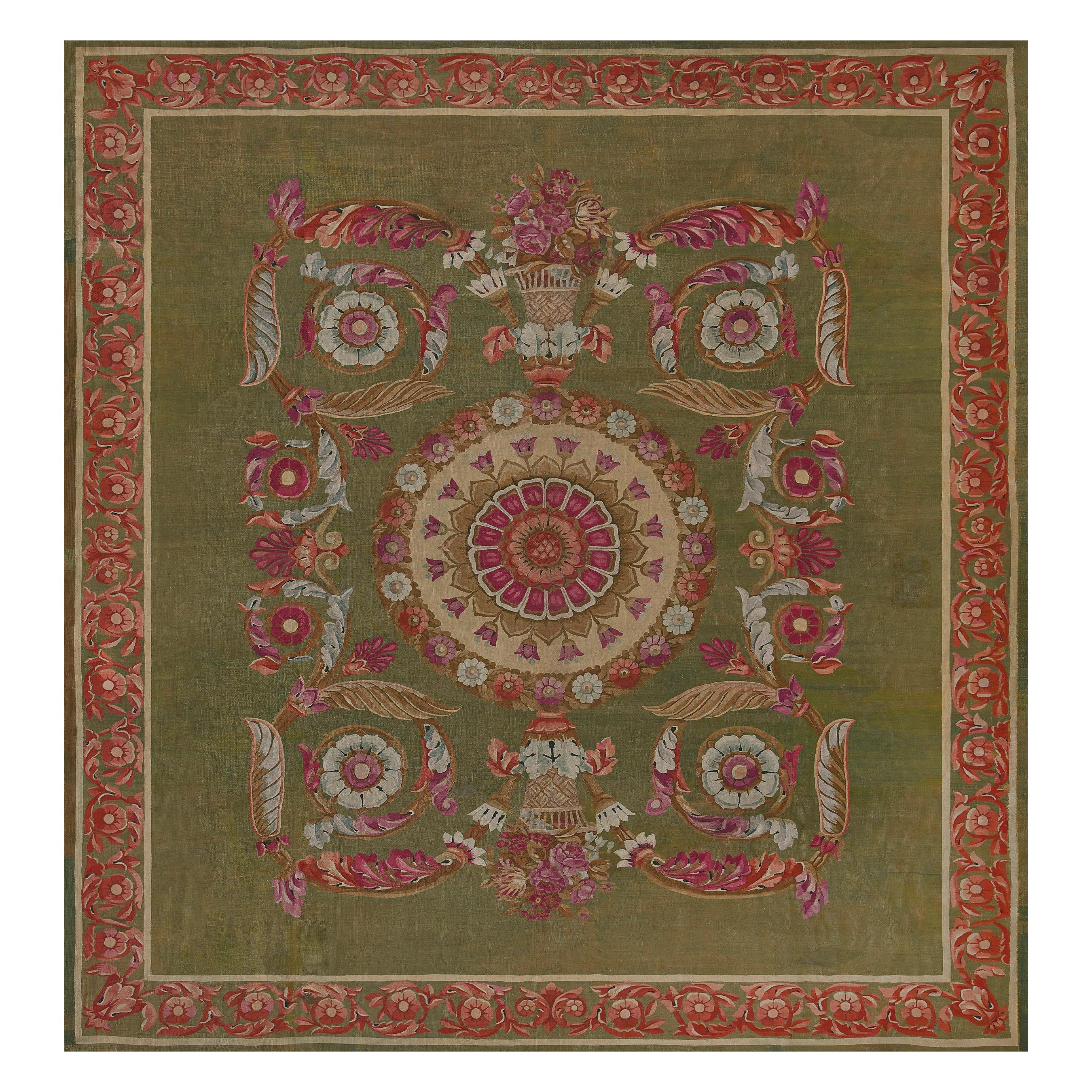 Antique Handwoven Wool Green Floral French Aubusson Rug