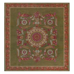 Antique Handwoven Wool Green Floral French Aubusson Rug