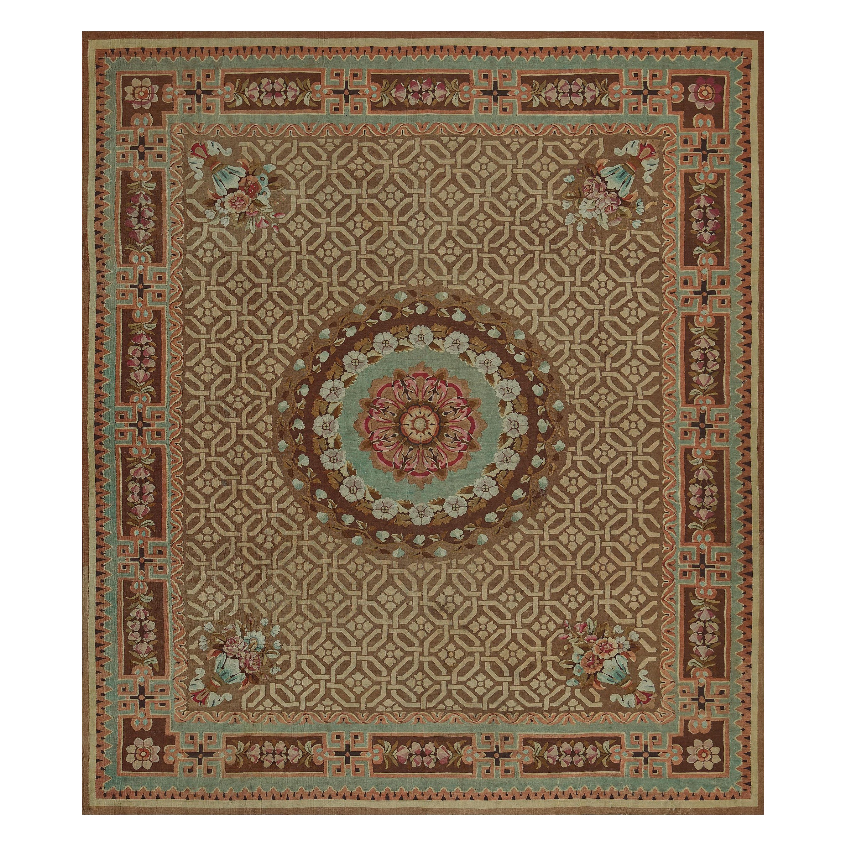 Handwoven Antique Circa 1850 Brown Floral French Aubusson Rug