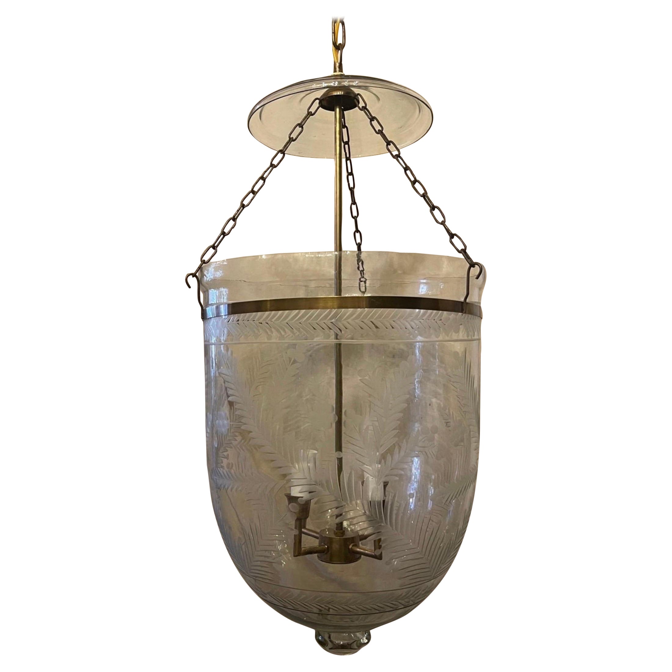 Wonderful Large Brass Blown Etched Glass Bell Jar 4-Light Lantern Fixture