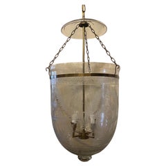 Wonderful Large Brass Blown Etched Glass Bell Jar 4-Light Lantern Fixture