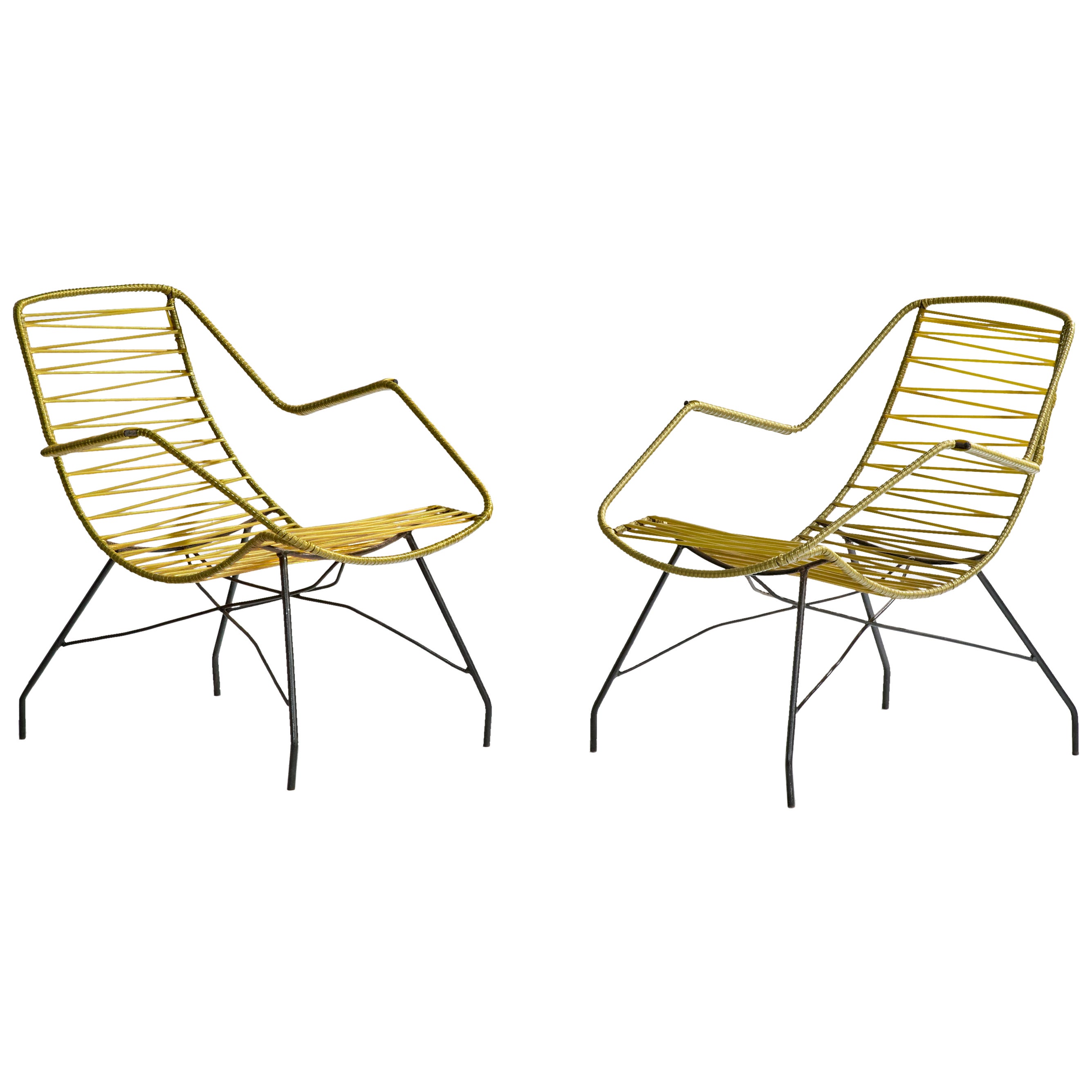 Brazilian Designer, Garden Lounge Chairs, Iron, Plastic, Brazil, 1960s For Sale