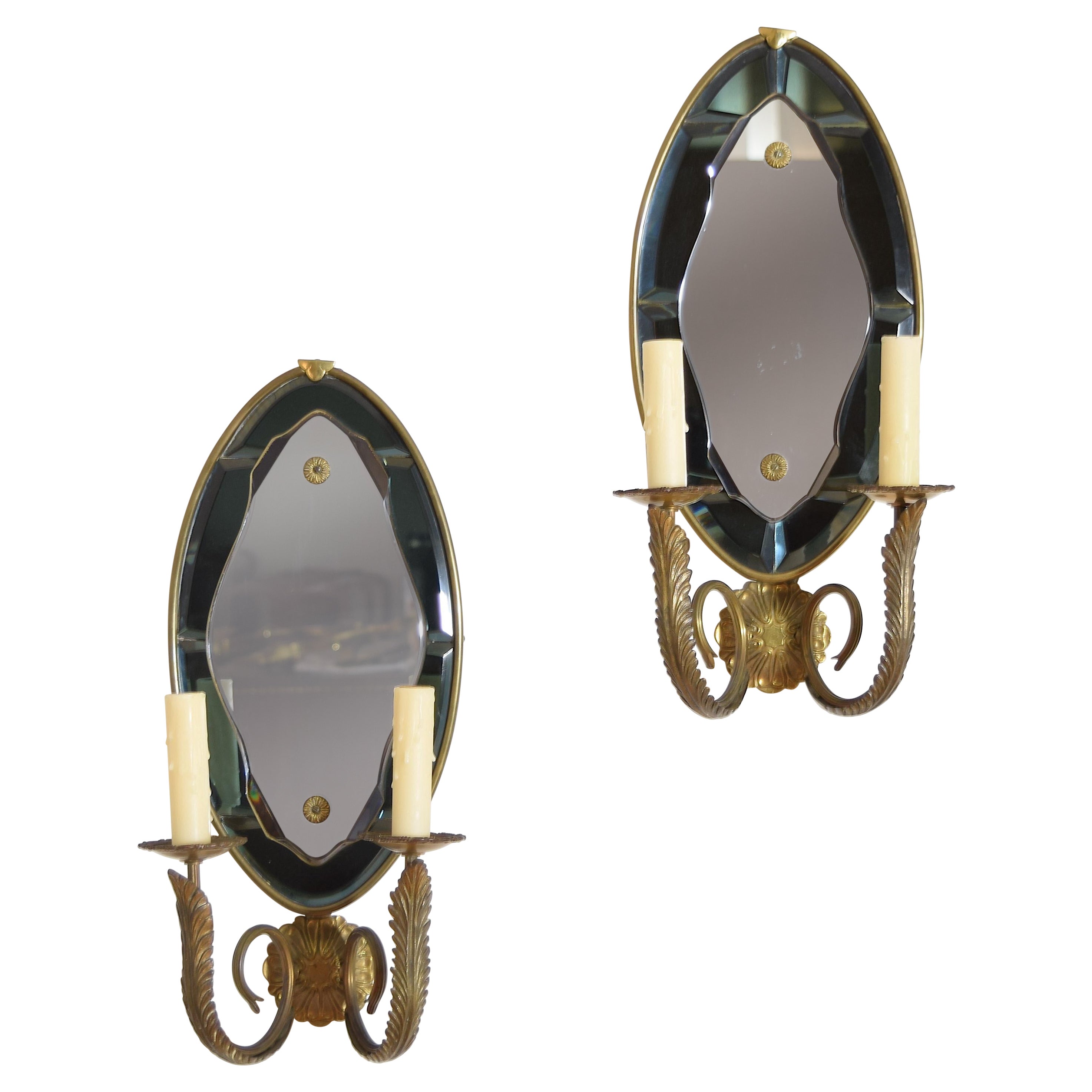 Pair Italian Mid Century Brass and Beveled Glass 2-Arm Sconces For Sale