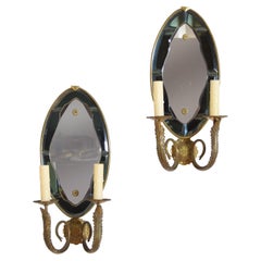 Pair Italian Mid Century Brass and Beveled Glass 2-Arm Sconces