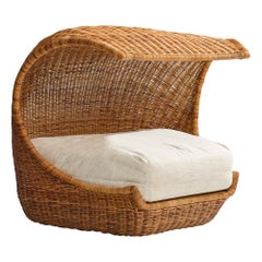 Diseñador italiano, Silla de salón grande, ratán, tela, Italia, años 70