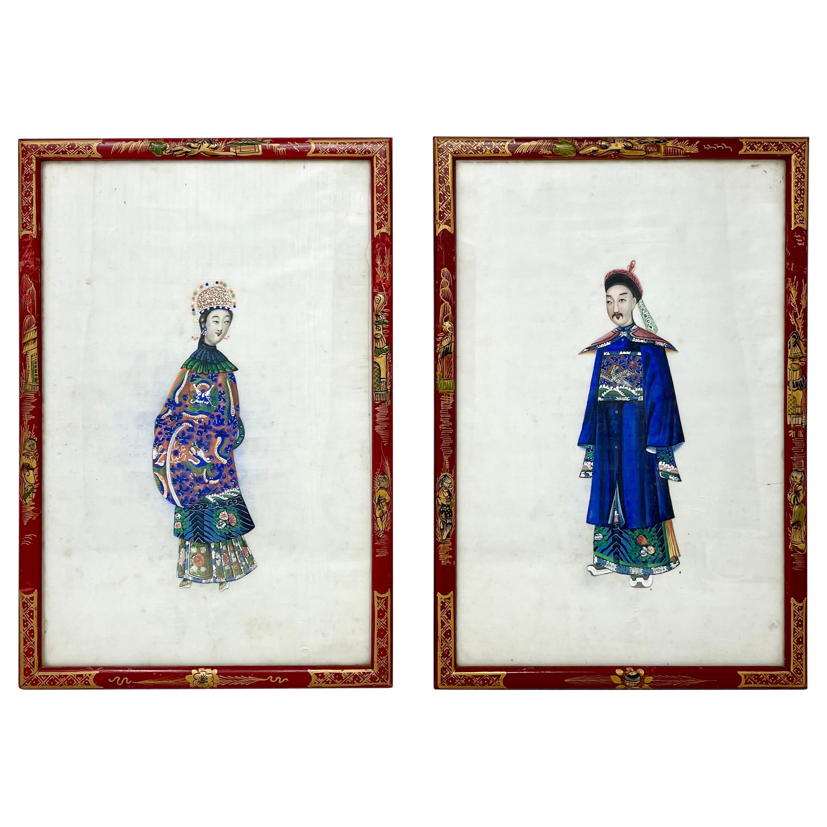 Pair Antique Chinese Paintings on Silk of Canton Figures in Traditional Costumes