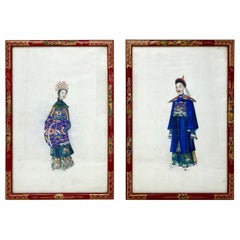 Pair Antique Chinese Paintings on Silk of Canton Figures in Traditional Costumes