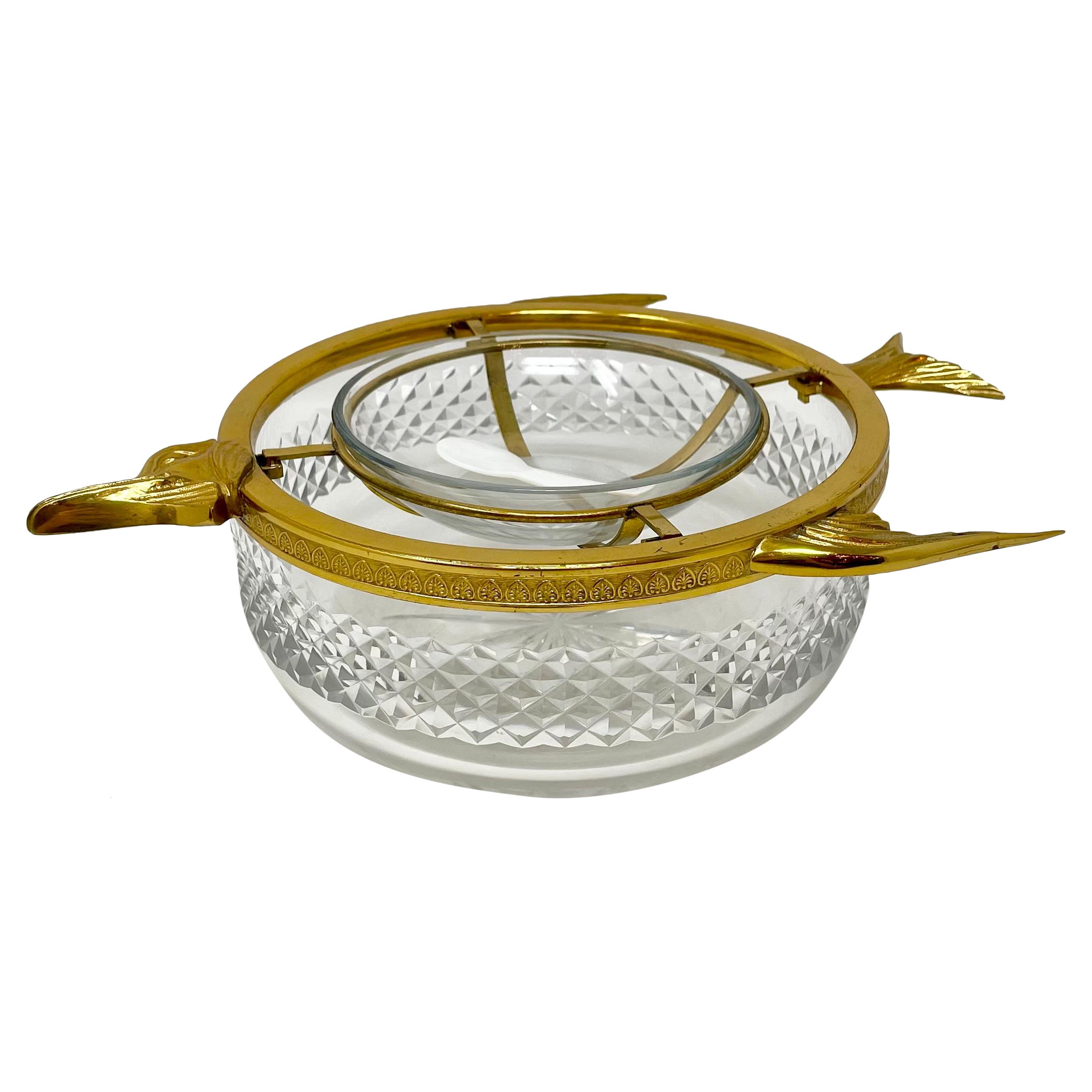 Estate Cut Crystal and Gilt Bronze Sturgeon Design Caviar Server, Circa 1970.