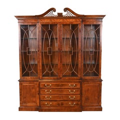 Henredon Georgian Carved Mahogany Lighted Breakfront Bookcase Cabinet