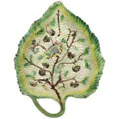 Whieldon Type Pottery Leaf Dish with Relief Decoration of a Bird in Foliage, Sta