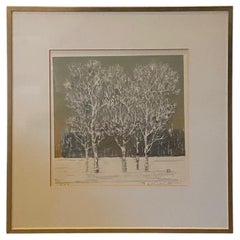 Joichi Hoshi Signierter japanischer Holzschnitt-Druck „Clump of Trees in Winter“, signiert, 1976