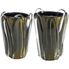 Pair of Signed Pino Signoretto, Black Gold and Clear Murano Glass Vases