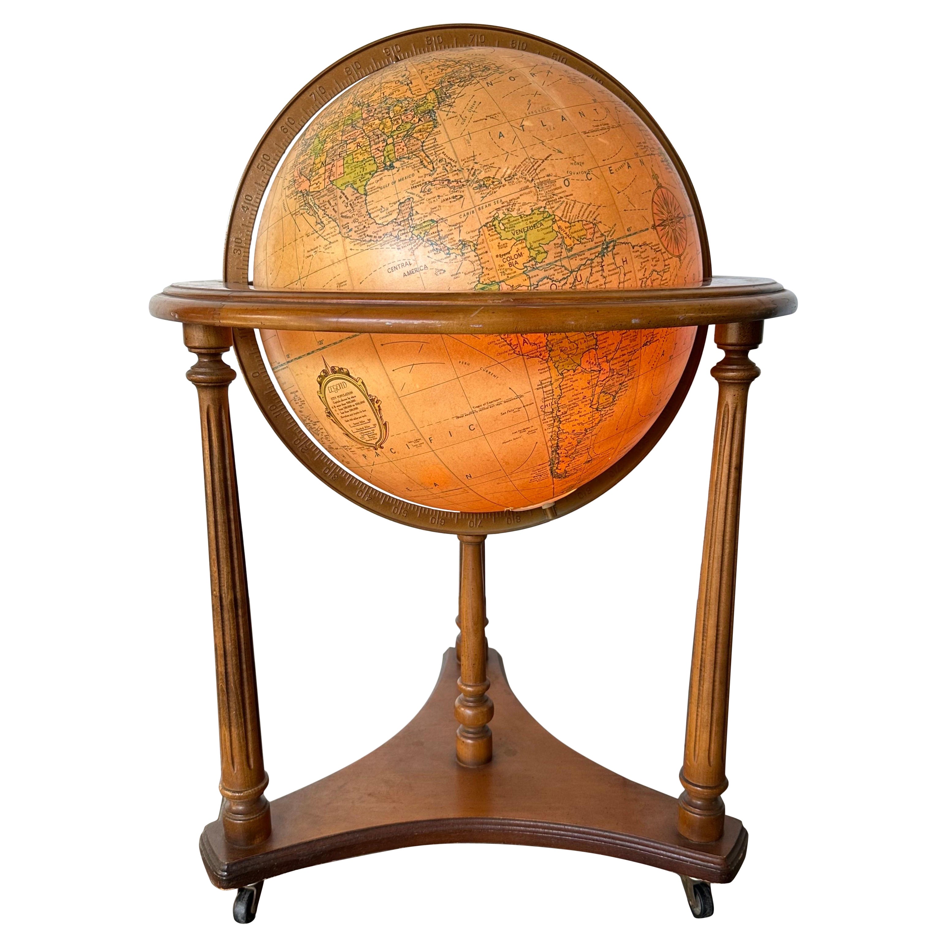 Midcentury Replogle Illuminated Globe on Solid Wood Stand