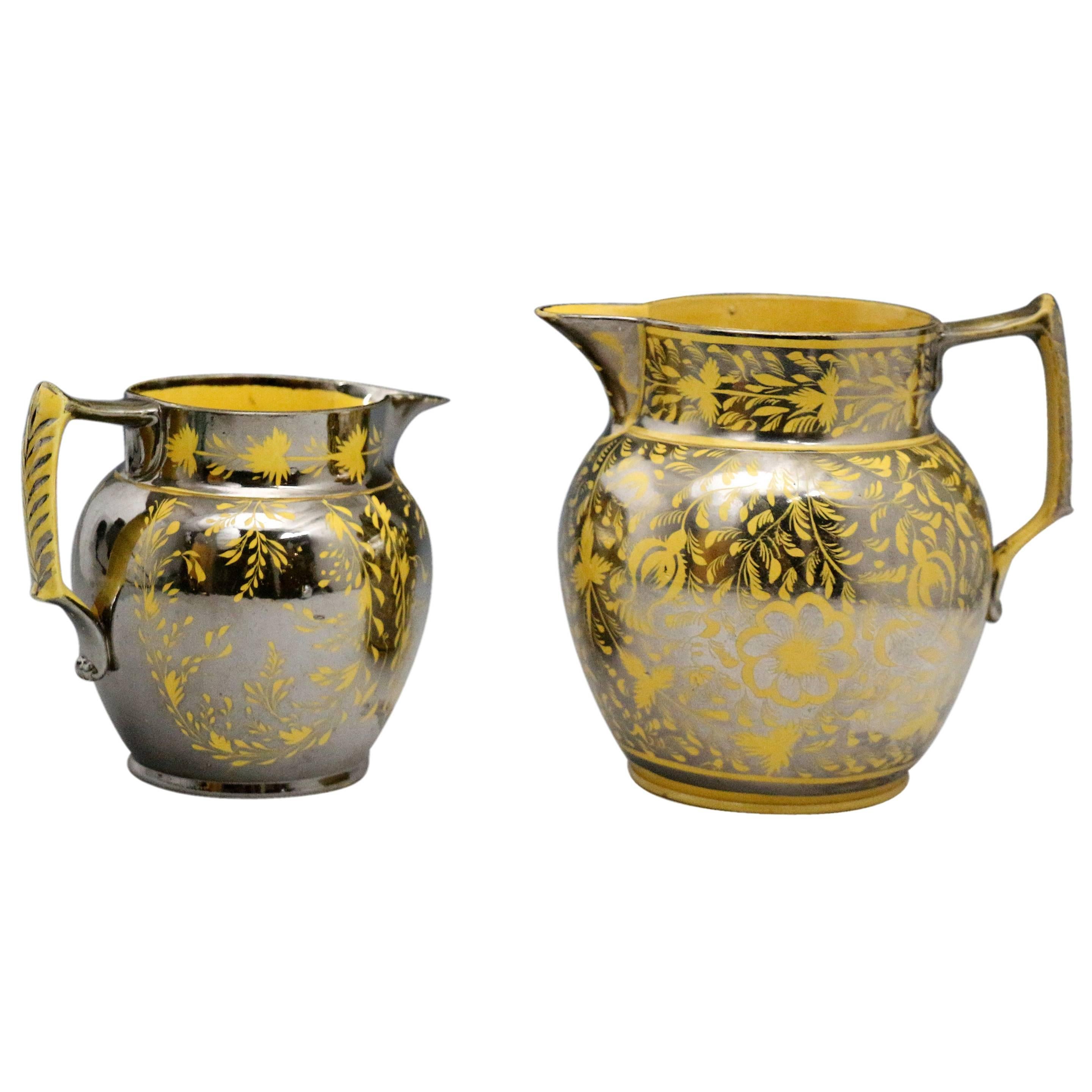 English Pottery Yellow Ground Pitcher with Silver Luster Resist Decoartion Early