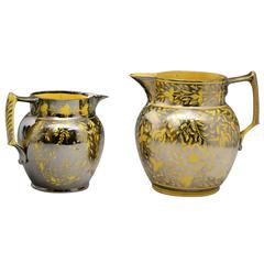 English Pottery Yellow Ground Pitcher with Silver Luster Resist Decoartion Early