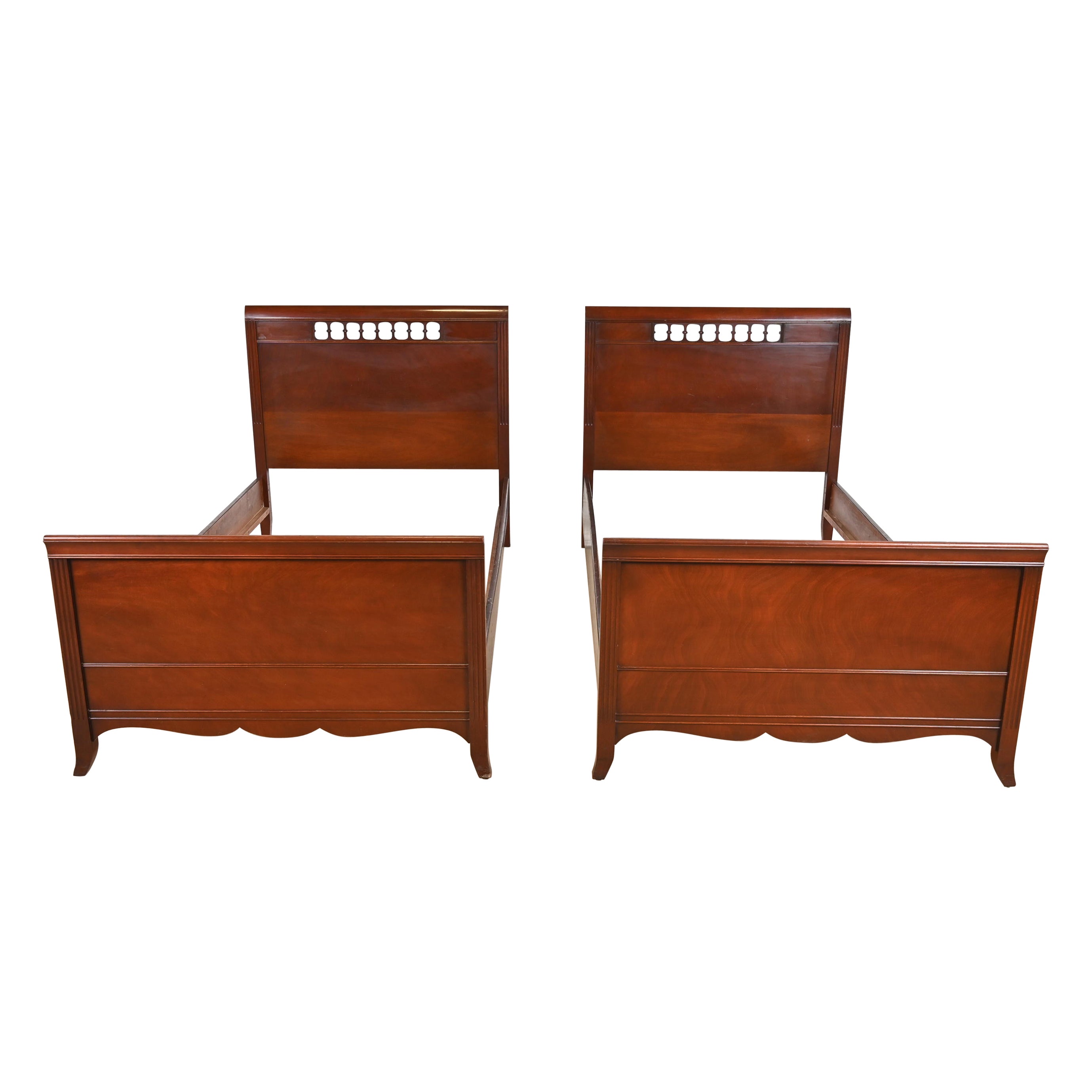 Regency Carved Mahogany Twin Beds by Fancher, Circa 1940s