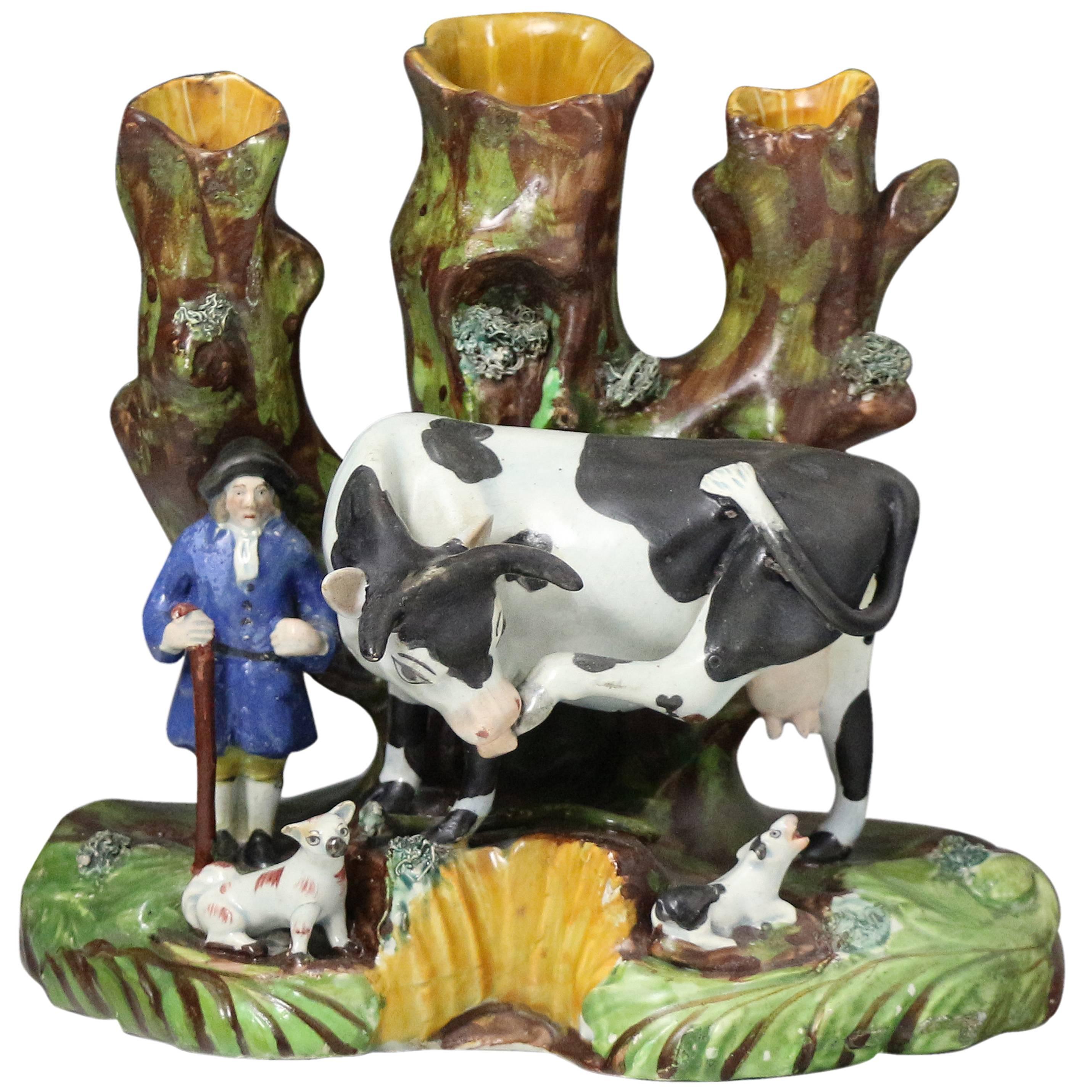 Staffordshire Pottery Tree Trunk Pearlware Figure of a Cow with Farmer, English  For Sale