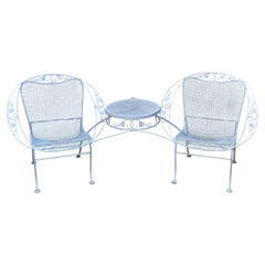 1960s Wrought Iron White Tete Bench Settee with Table