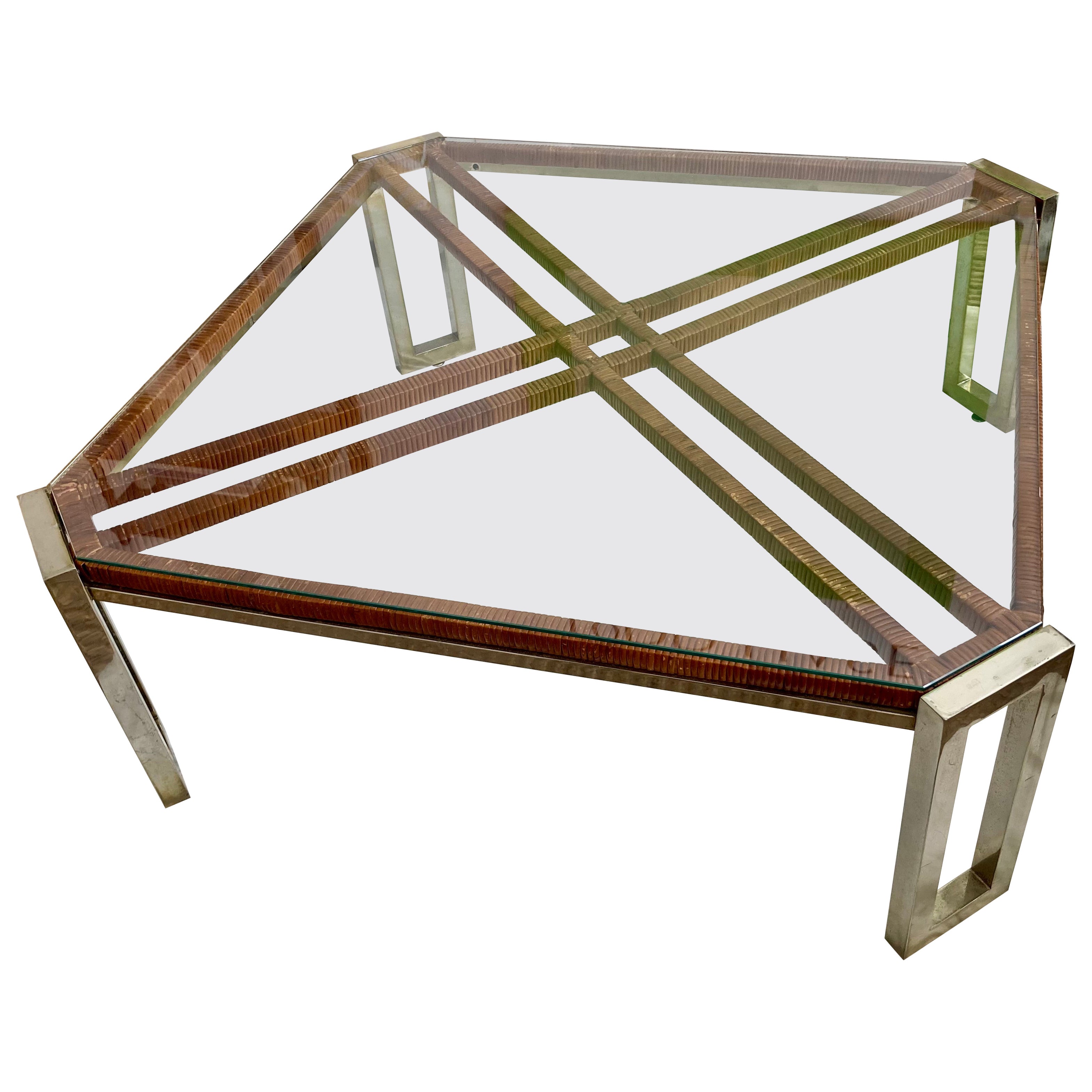 Milo Baughman Rattan and Warm Chrome Coffee Table For Sale