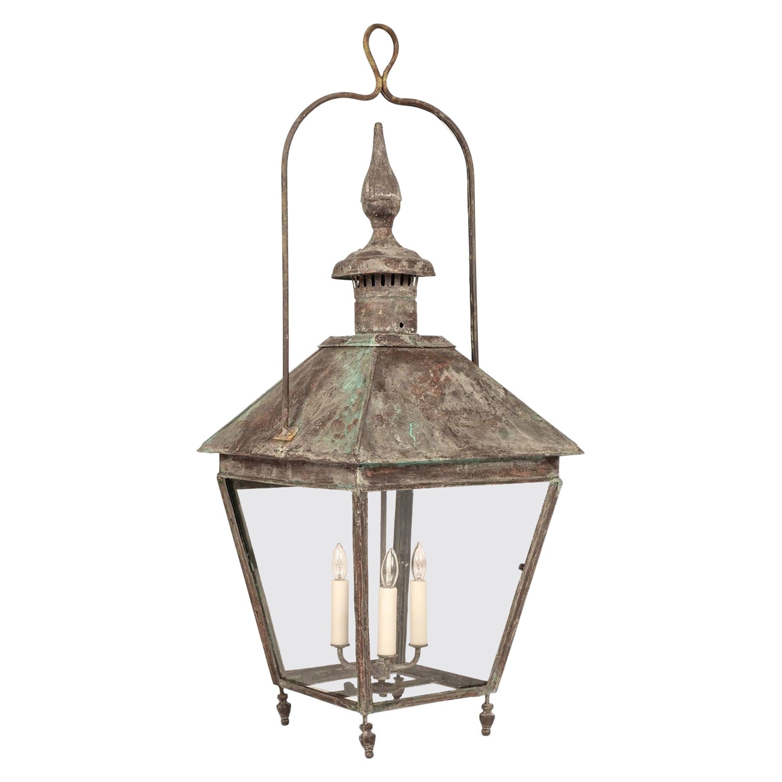 French Verdigris Green Patina Copper and Glass Paneled Lantern
