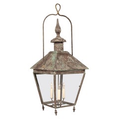French Verdigris Green Patina Copper and Glass Paneled Lantern