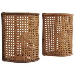 Vintage Pair of Midcentury Woven Wicker Weave & Rattan Wall Sconces, Italy 1960