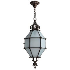 Hexagonal Bronze and Frosted Glass Lantern, Circa 1900
