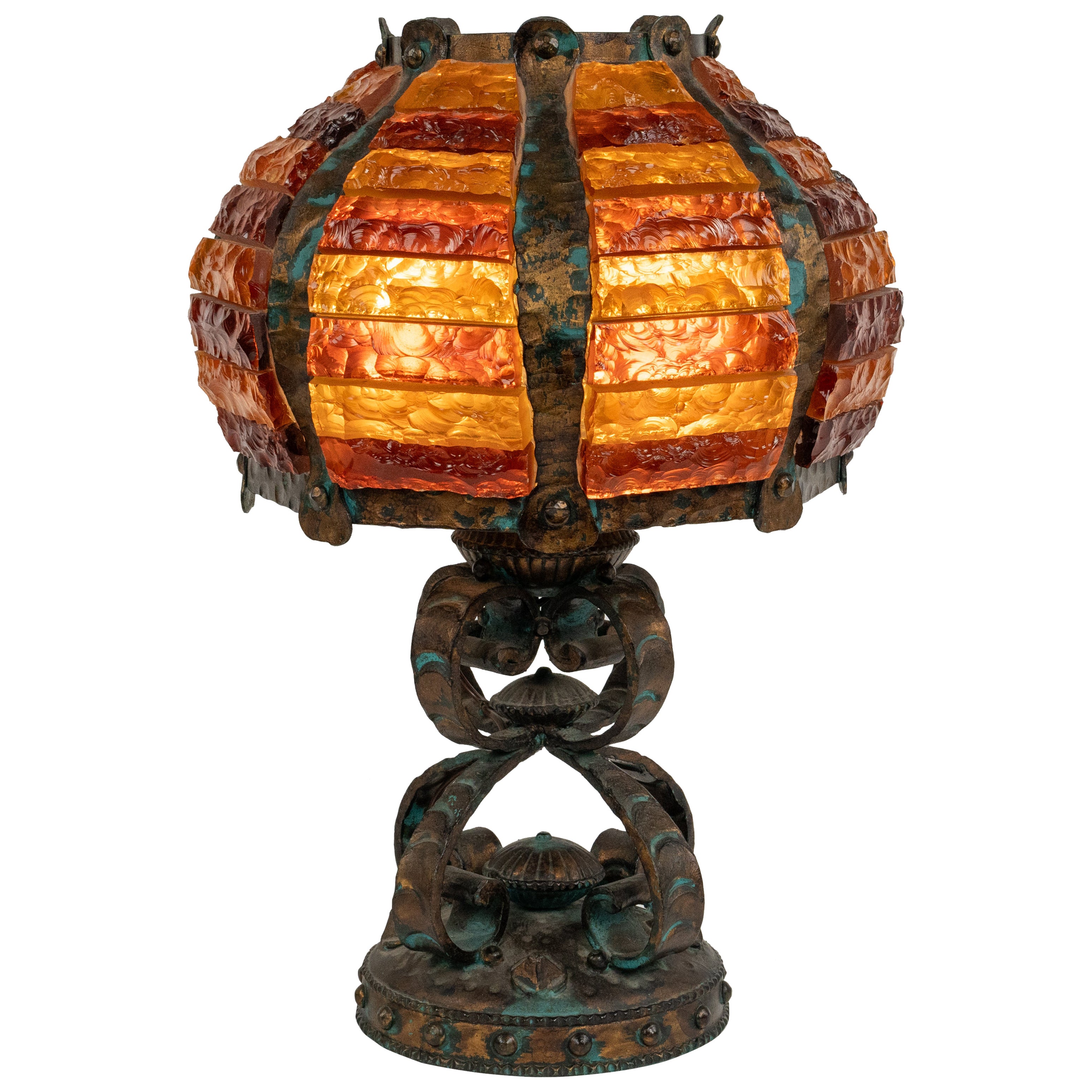 Lampada da tavolo del Medioevo in ferro battuto e vetro martellato di Longobard, Italia, anni '70