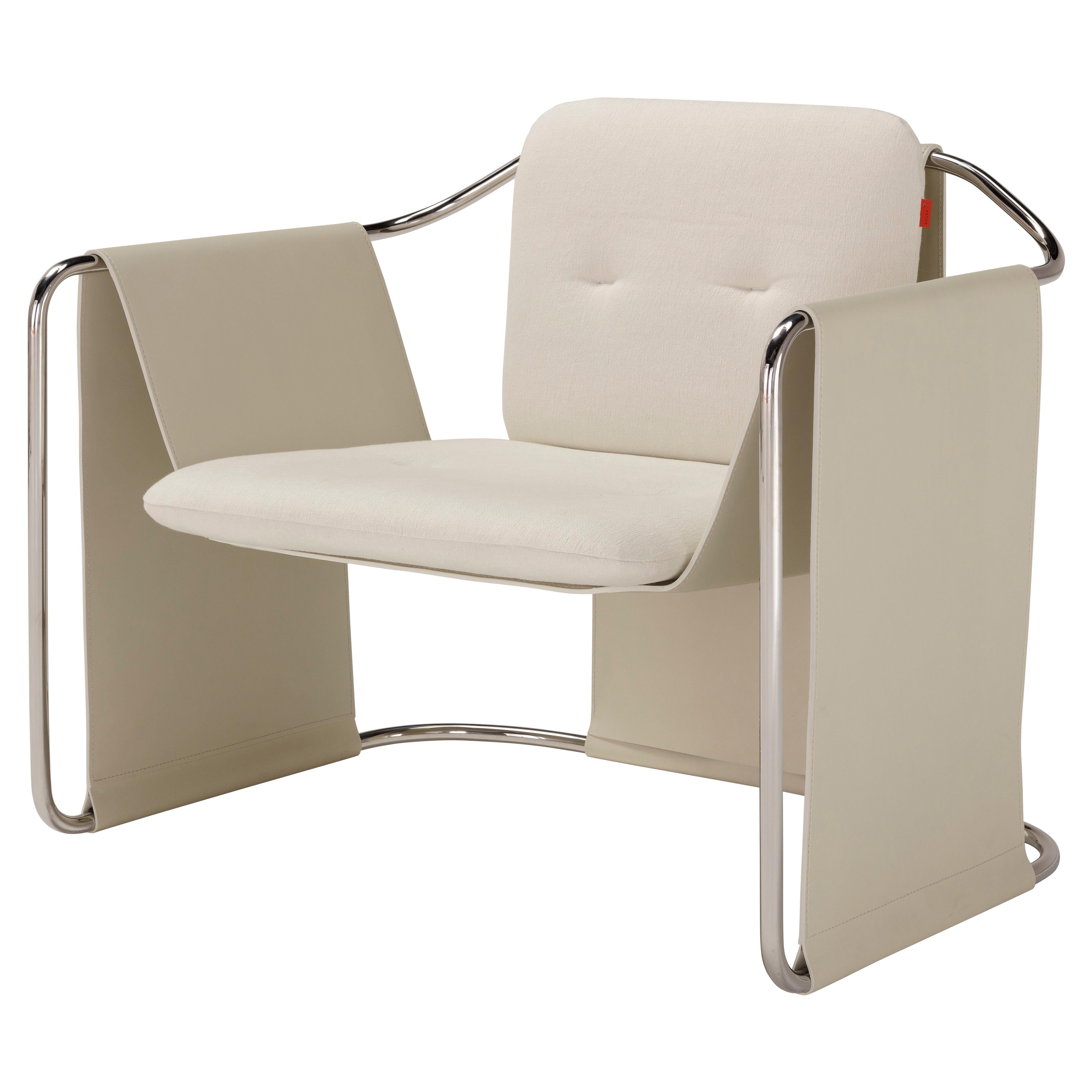 Fauteuil contemporain 'KIMONO' Tissu et cuir beige, acier chromé en vente