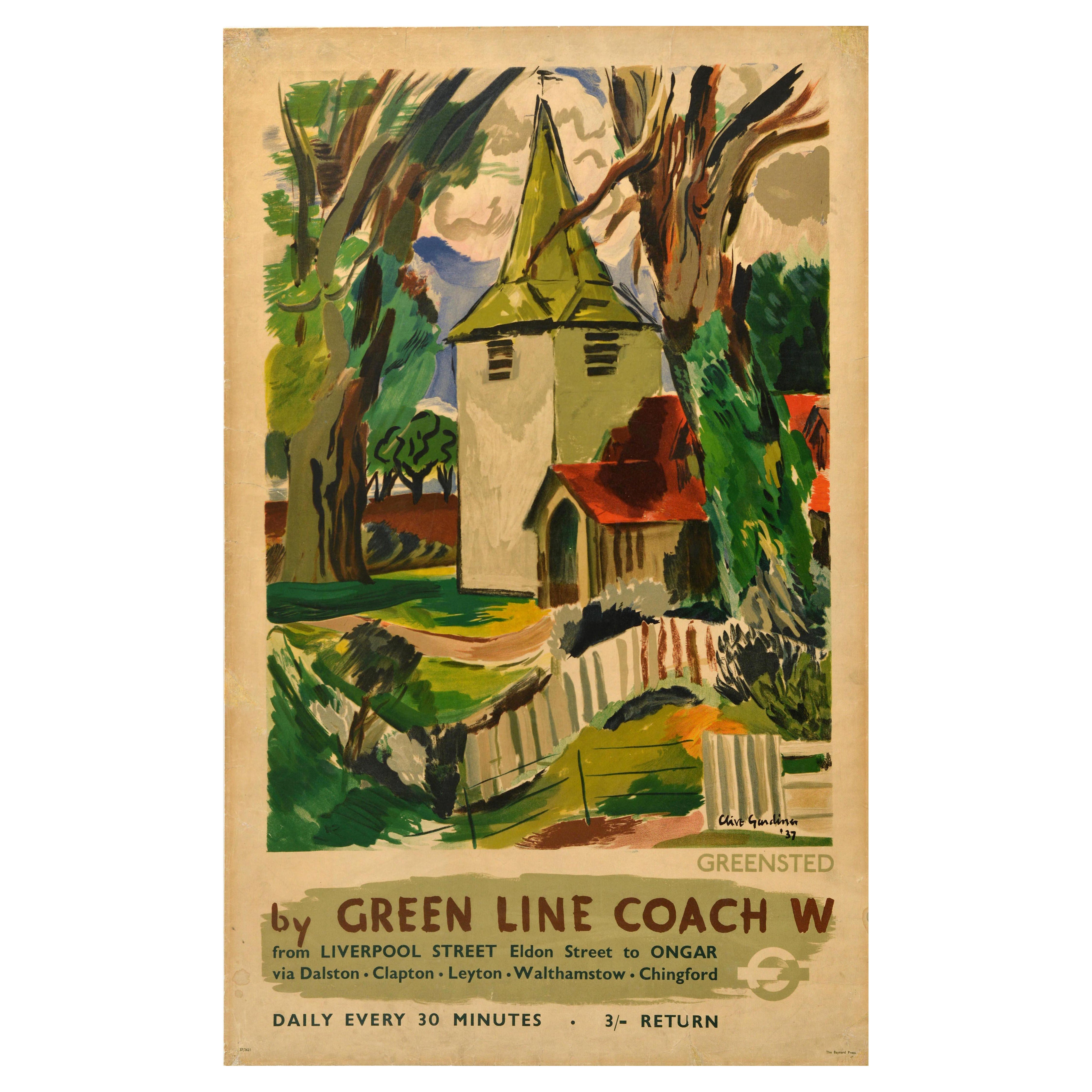Affiche de voyage originale Greensted by Green Line Coach Essex Gardiner UK en vente
