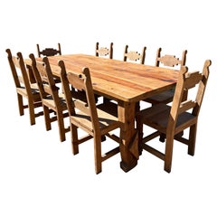 Impressive Huge Heavy Pine Farm Table with 8 Side Chairs