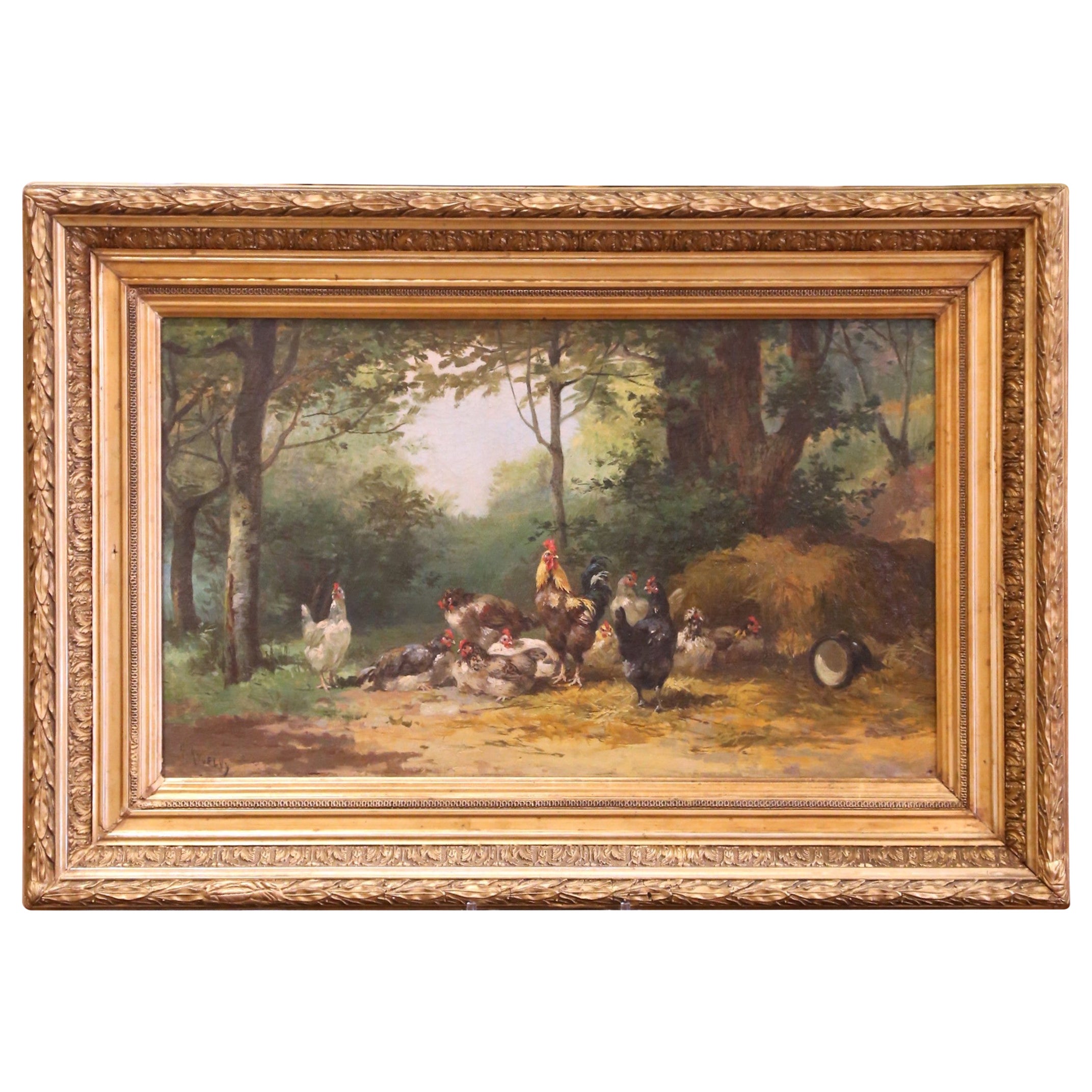 Siglo XIX Pintura francesa al óleo sobre lienzo Granja Firmado A. Angelvy