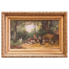 Siglo XIX Pintura francesa al óleo sobre lienzo Granja Firmado A. Angelvy