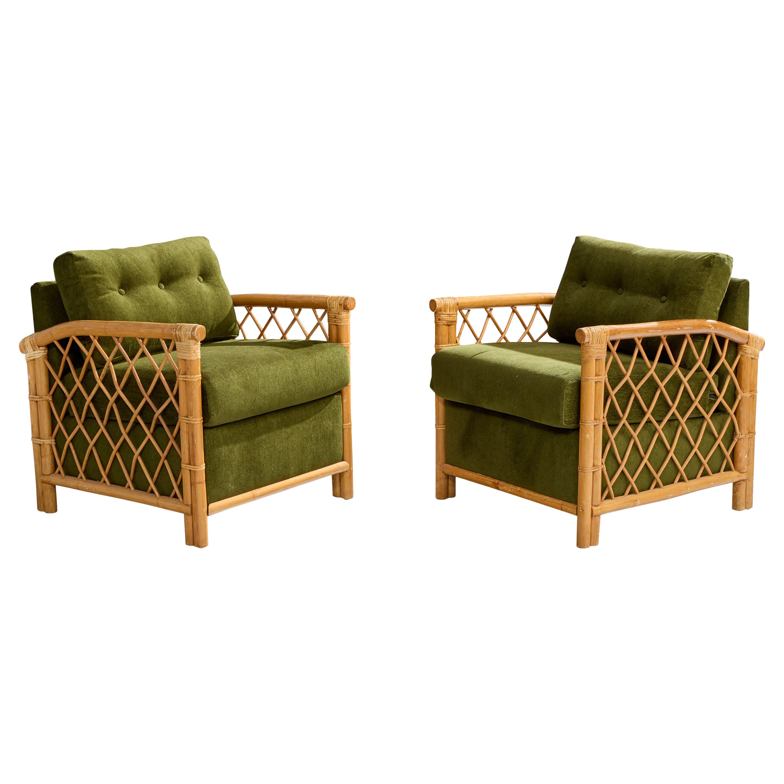 American Designer, Lounge Chairs, Bamboo, Rattan, Fabric, USA, 1960s